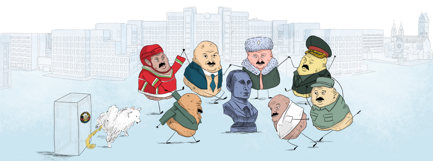 Differently dressed potato Fuhrer Lukashenko's dancing around a Putin bust while dog pees on a podium