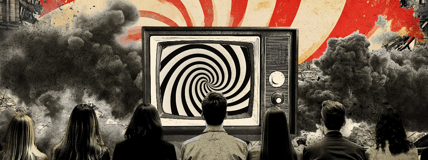 Russian Propaganda hypnotizes audience on a large screen while the city in front is destroyed