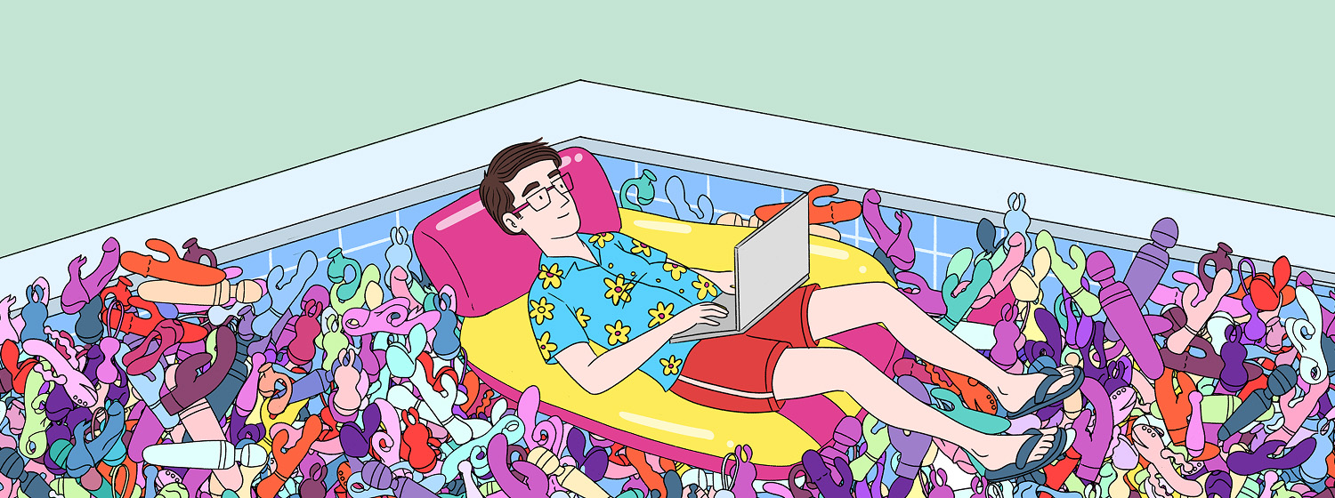 Man in a pool of vibrator's pretending to code (prompting AI)